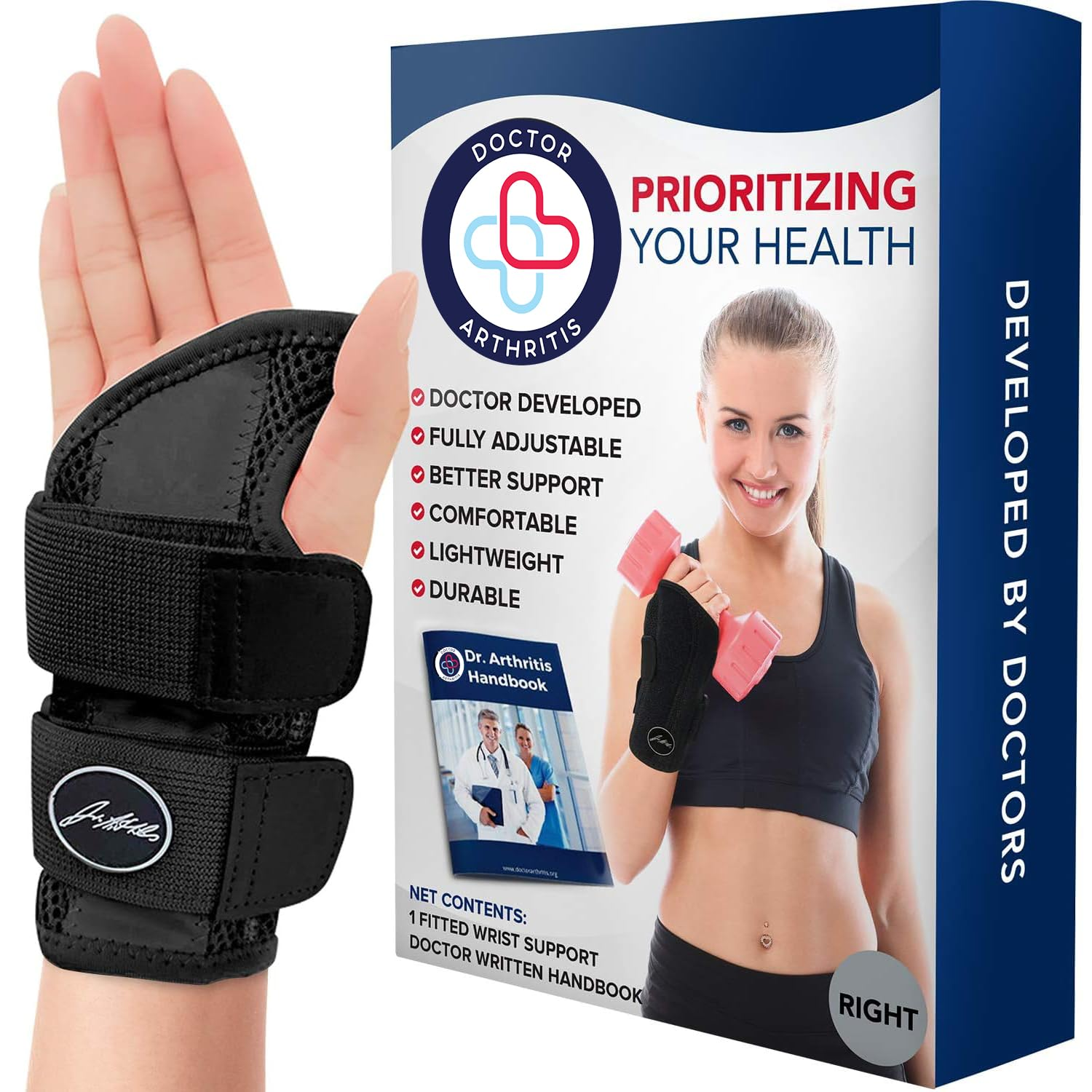 Doctor Developed Carpal Tunnel Wrist Brace for Night Support - Wrist Brace for Carpal Tunnel with Wrist Splint - Sleep Brace for Sprained Wrist - F.D.A Medical Device & Handbook (Right Hand)