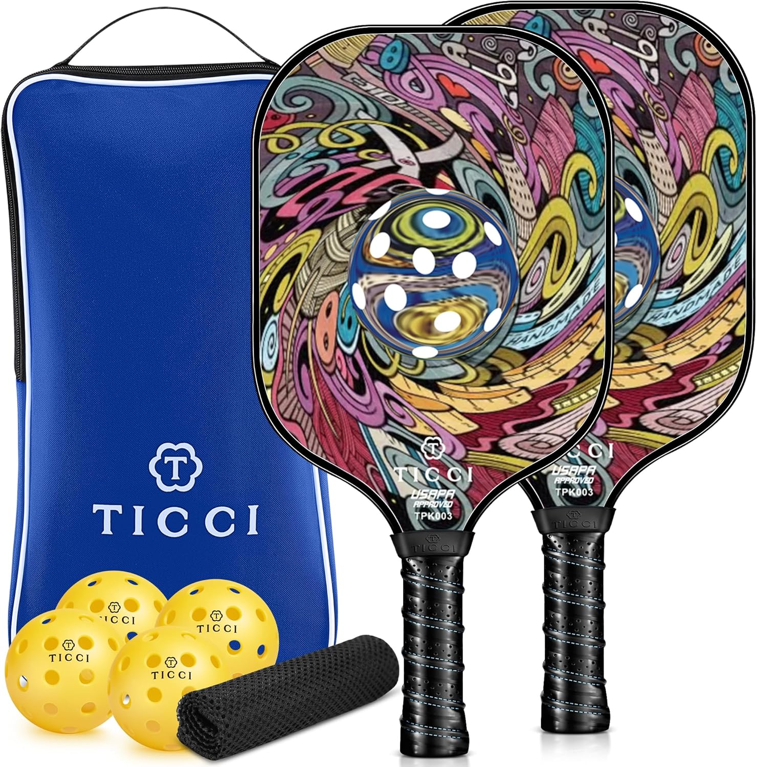 Pickleball Paddles Set of 2, USAPA Approved Fiberglass Pickle Ball Paddles with 4 Pickleballs, Lightweight Rackets for Adults & Kids, Includes Carry Bag & Net Bag for Men, Women, Beginners,