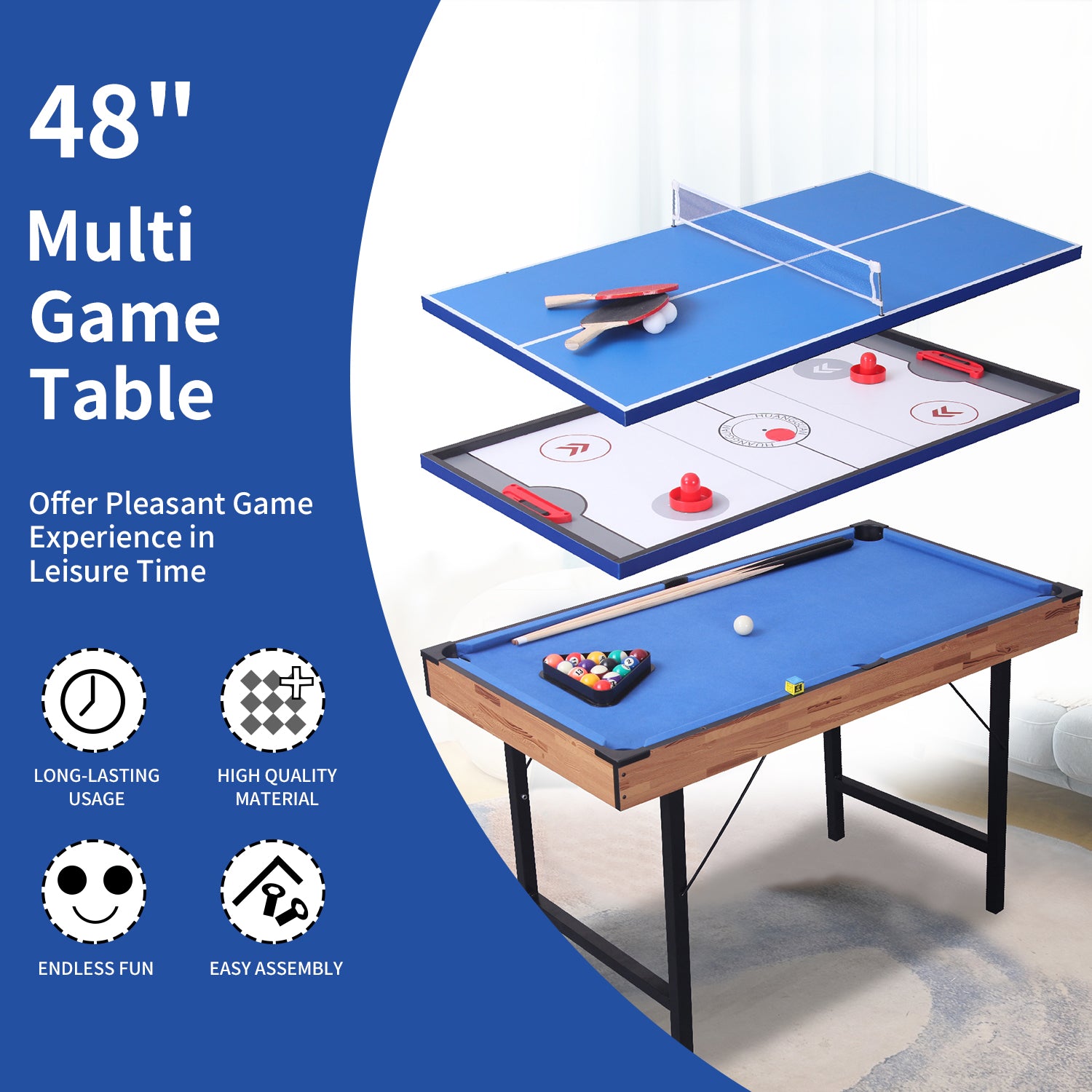 3 in 1 48In Folding Portable Combo Game Table Set with Ping Pong, Slide Hockey, Pool Billiards for Kids and Adults