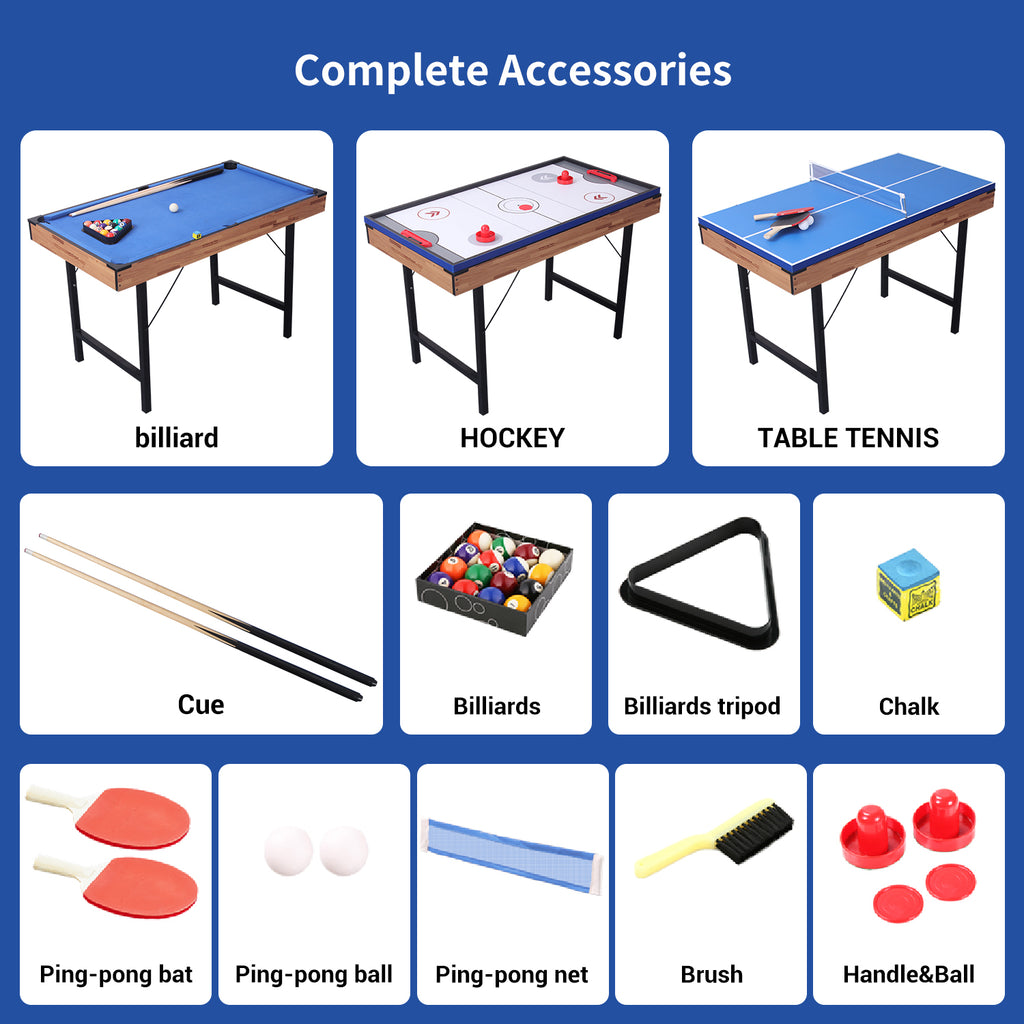 3 in 1 48In Folding Portable Combo Game Table Set with Ping Pong, Slide Hockey, Pool Billiards for Kids and Adults